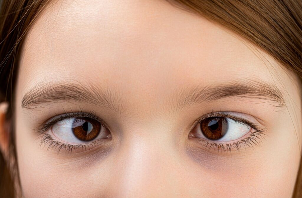 Close-up of a child's face showing one eye turned inward due to strabismus.