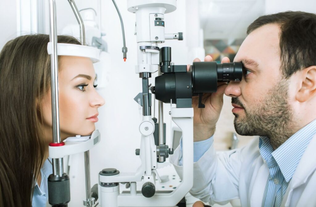 A woman undergoes an eye exam.