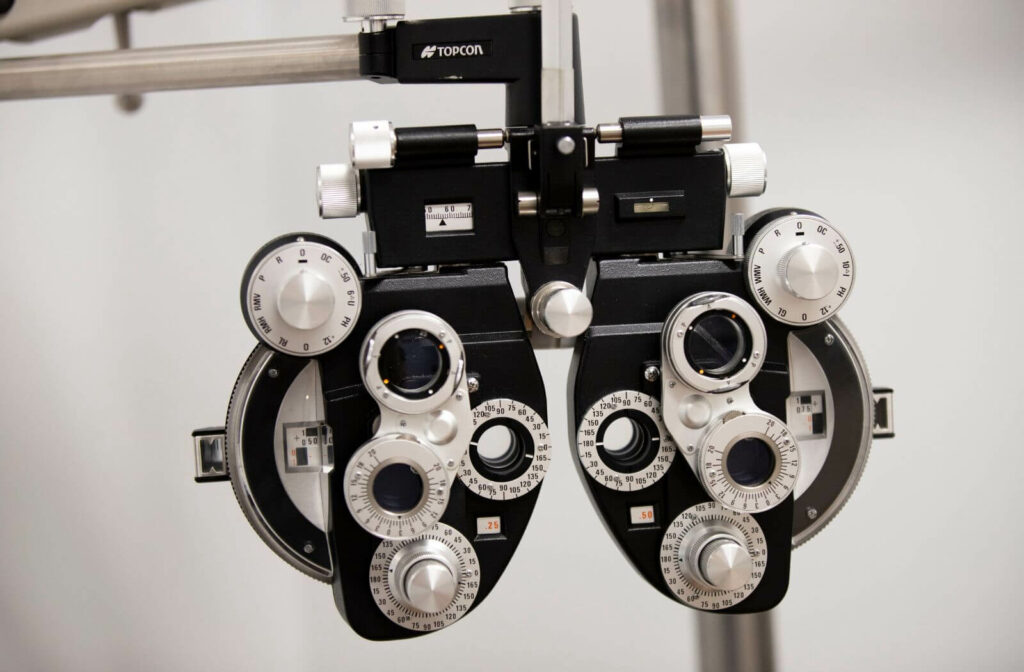 A professional phoropter used for vision testing and determining eyeglass prescriptions.