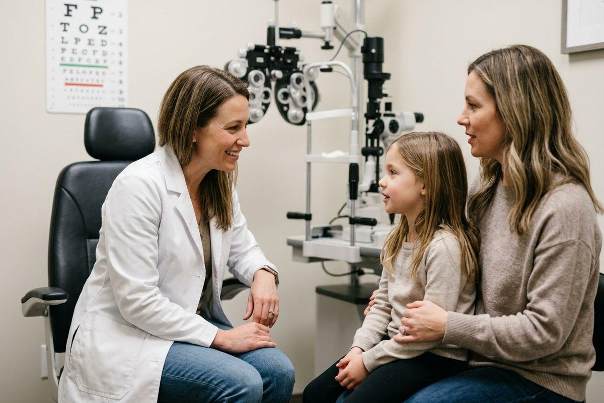 A smiling optometrist speaks with a child and an accompanying adult in an eye exam room with a Snellen chart and phoropter visible.