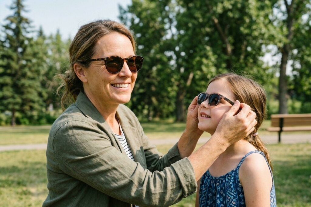 A smiling adult in sunglasses adjusts sunglasses on a child's face in a sunny park with trees and a bench in the background.