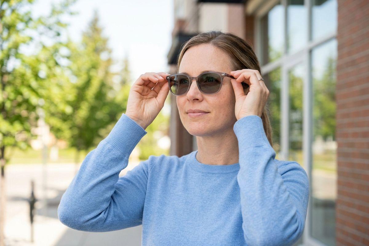 An adult in a light blue sweater putting on sunglasses with both hands outside a brick building, looking off to the side.