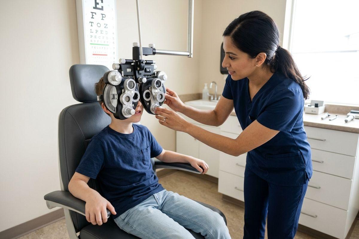 An optometrist adjusts a phoropter in front of a smiling child seated in an exam chair, with an eye chart on the wall behind.