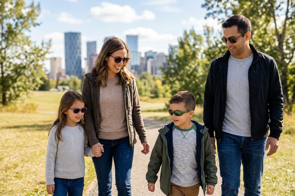 Two adults and two children, all wearing sunglasses, walk smiling along a park path with a city skyline behind them.