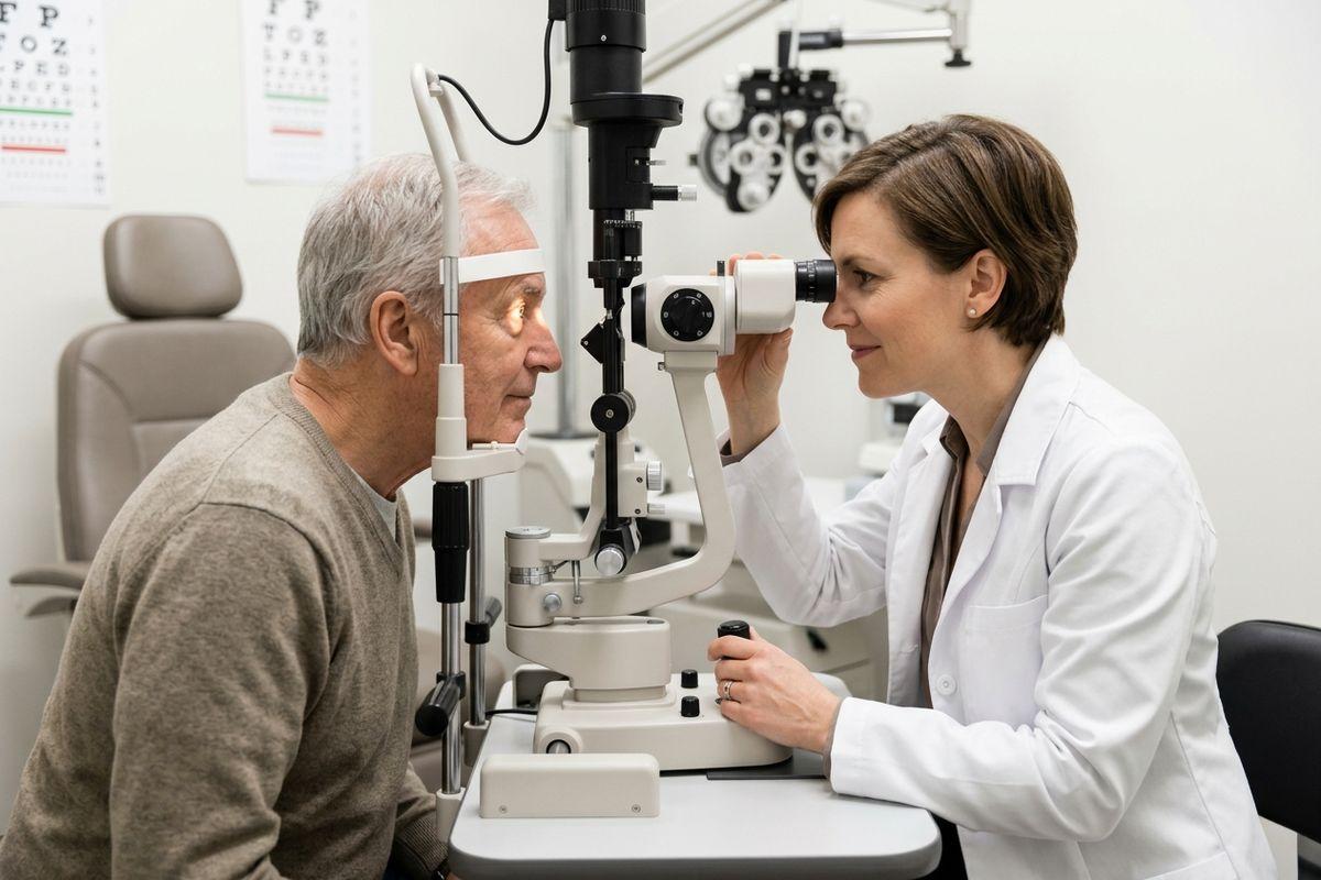 An optometrist looks through a slit lamp to examine an older adult's eyes in an exam room with an eye chart on the wall.